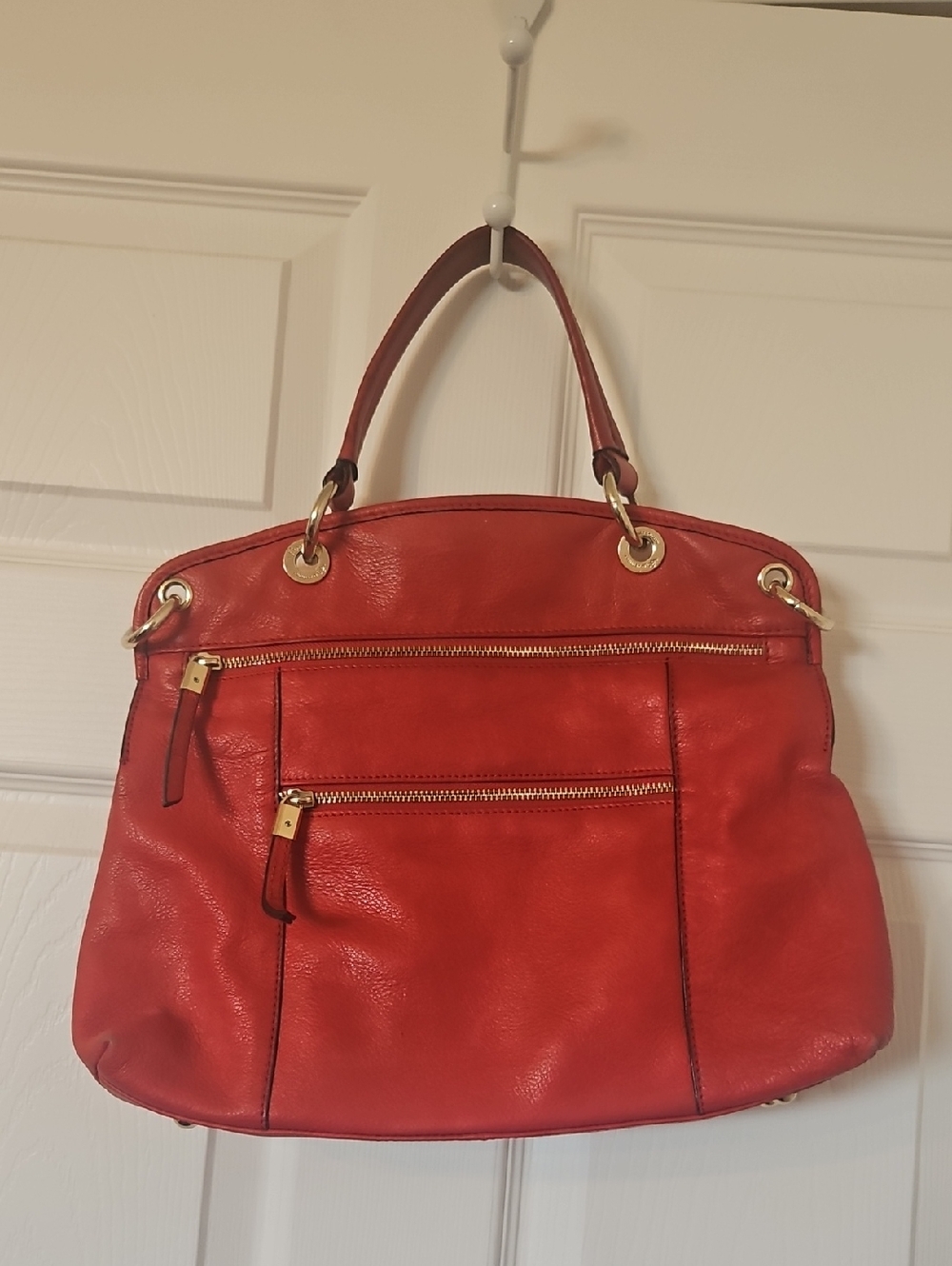 b. makowsky Red Leather Tote with Gold Accents